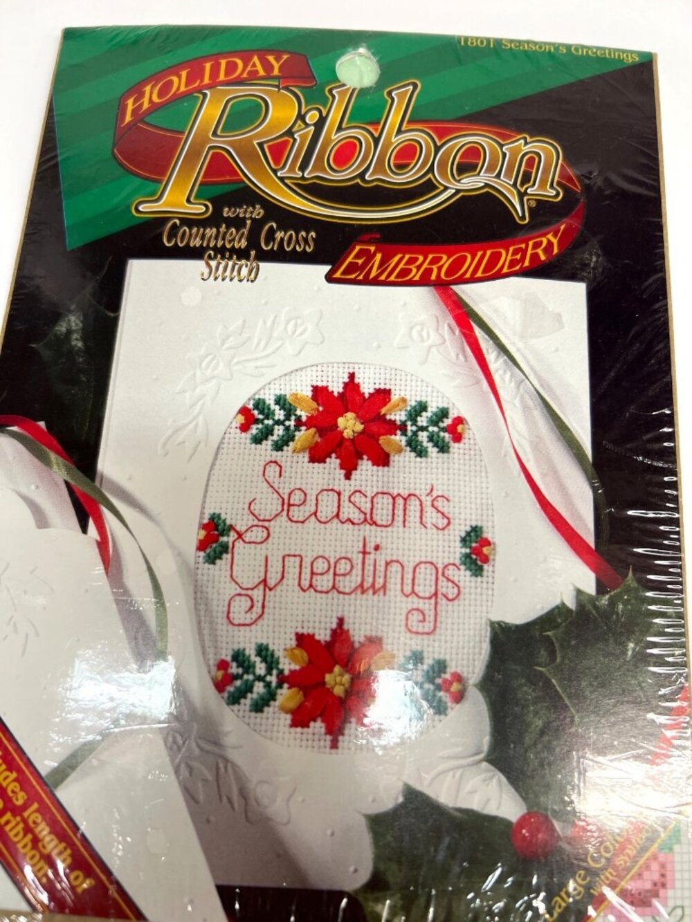 Holiday Ribbon Counted Cross Stitch Kit Card "Seasons Greetings" Poinsettia Desi